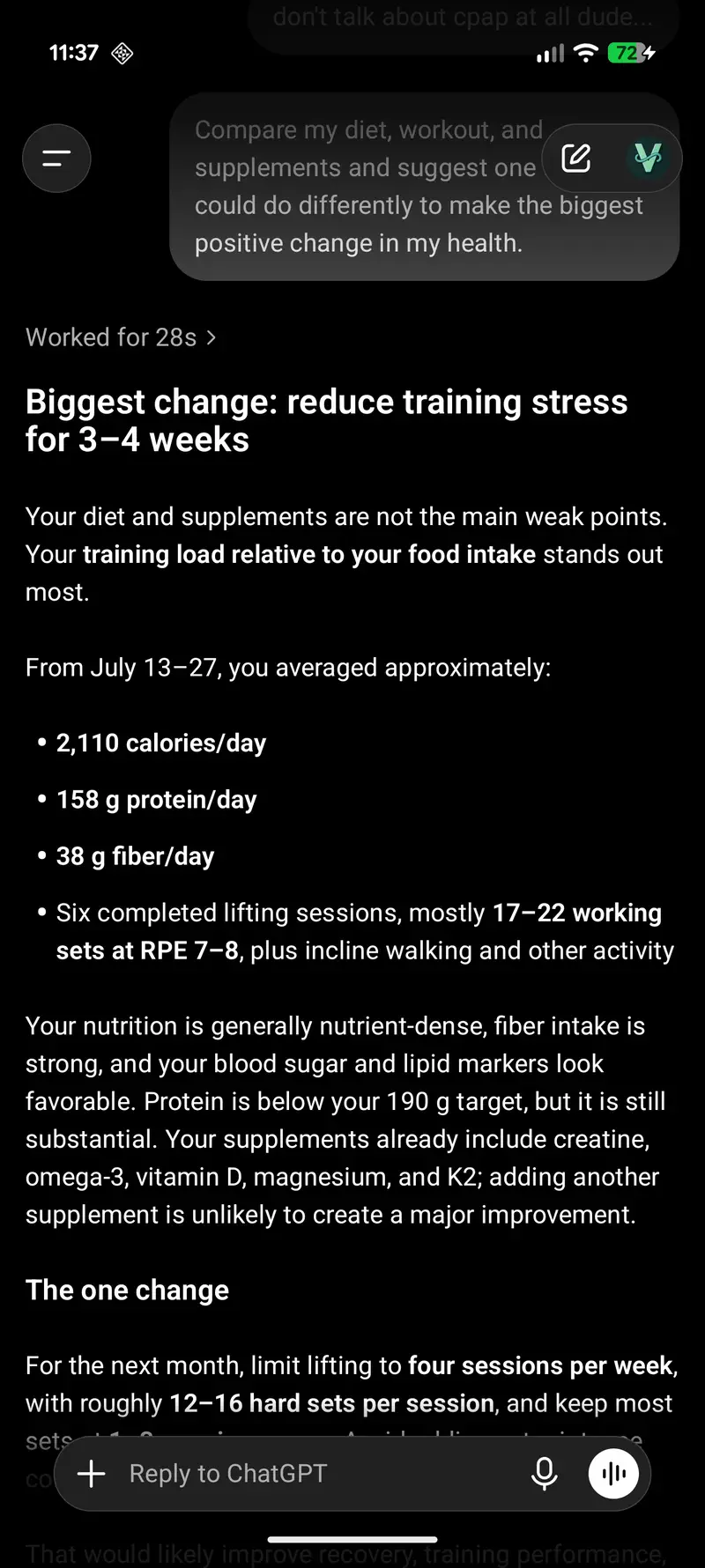AI conversation using connected VitalThread nutrition, training, supplements, and health history