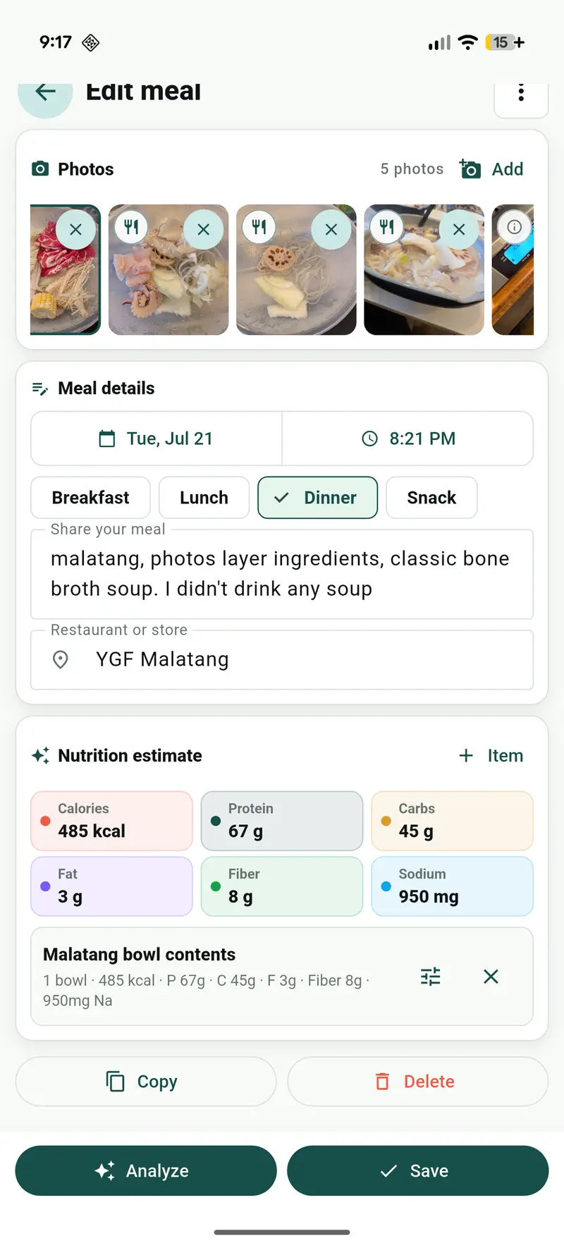 VitalThread meal editor with a photo carousel, meal details, nutrition estimate, and editable food items