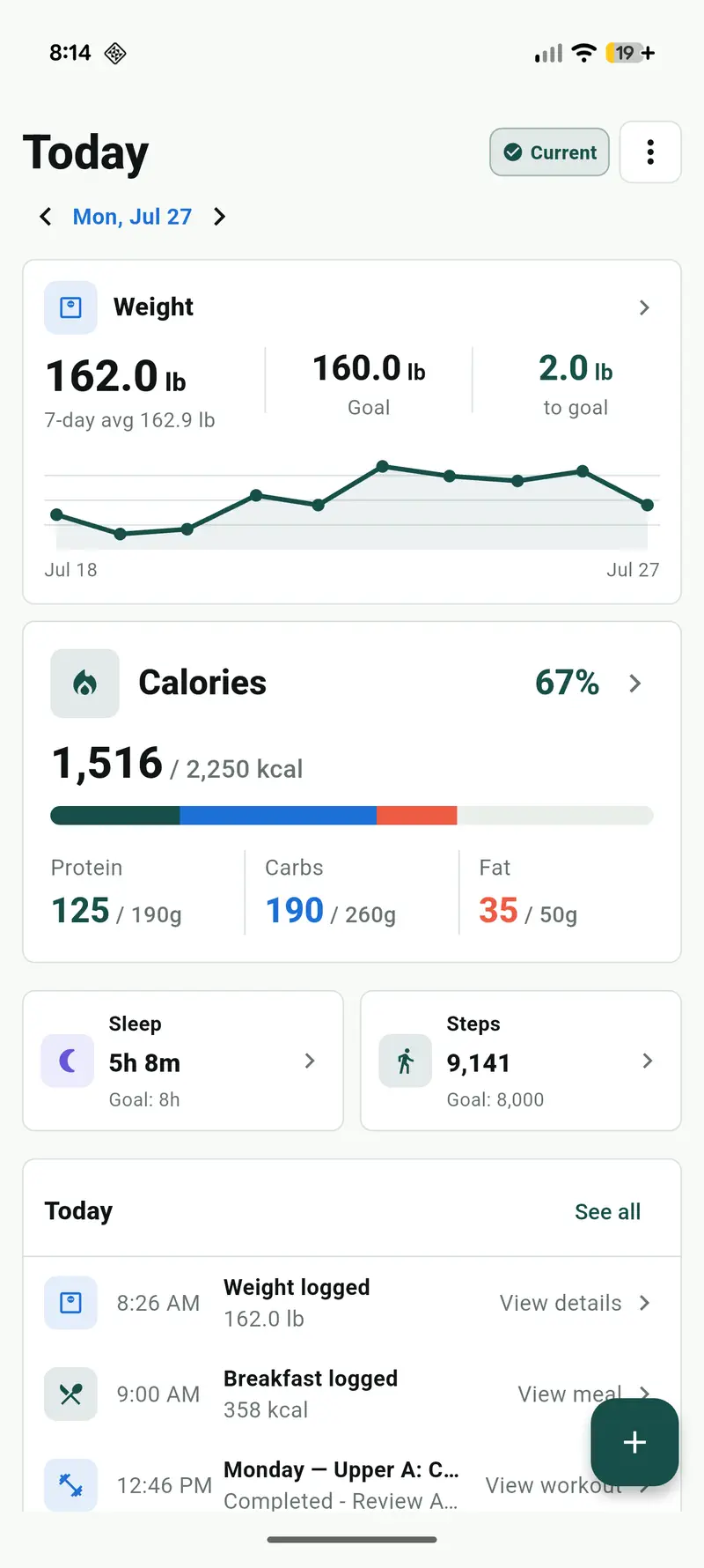 VitalThread Today screen showing weight progress, nutrition goals, sleep, steps, and a daily timeline